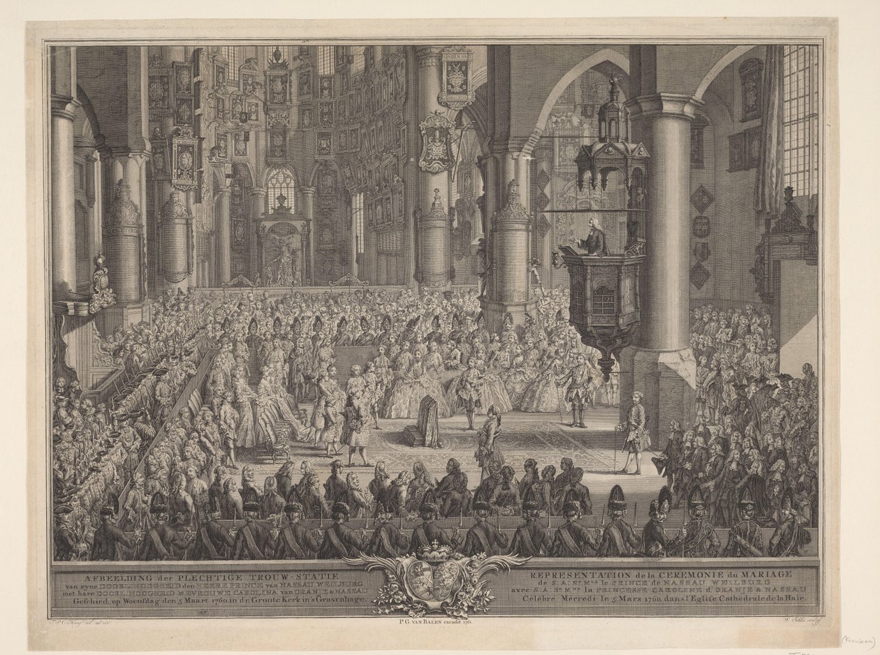 Małżeństwo Karela Christiana van Nassau-Weilburga z księżną Karoliną, 1760 Przedstawienie uroczystej ceremonii ślubnej (...) księcia van Nassau Weilburg z (...) Karoliną van Oranje & Nassau odbyła się w środę, 5 marca 1760, w Groote Kerk w G autorstwa Simon Fokke