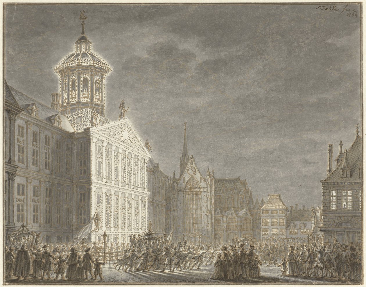 Iluminacja ratusza dla Wilhelma V i Wilhelminy Pruski, 1768 autorstwa Simon Fokke