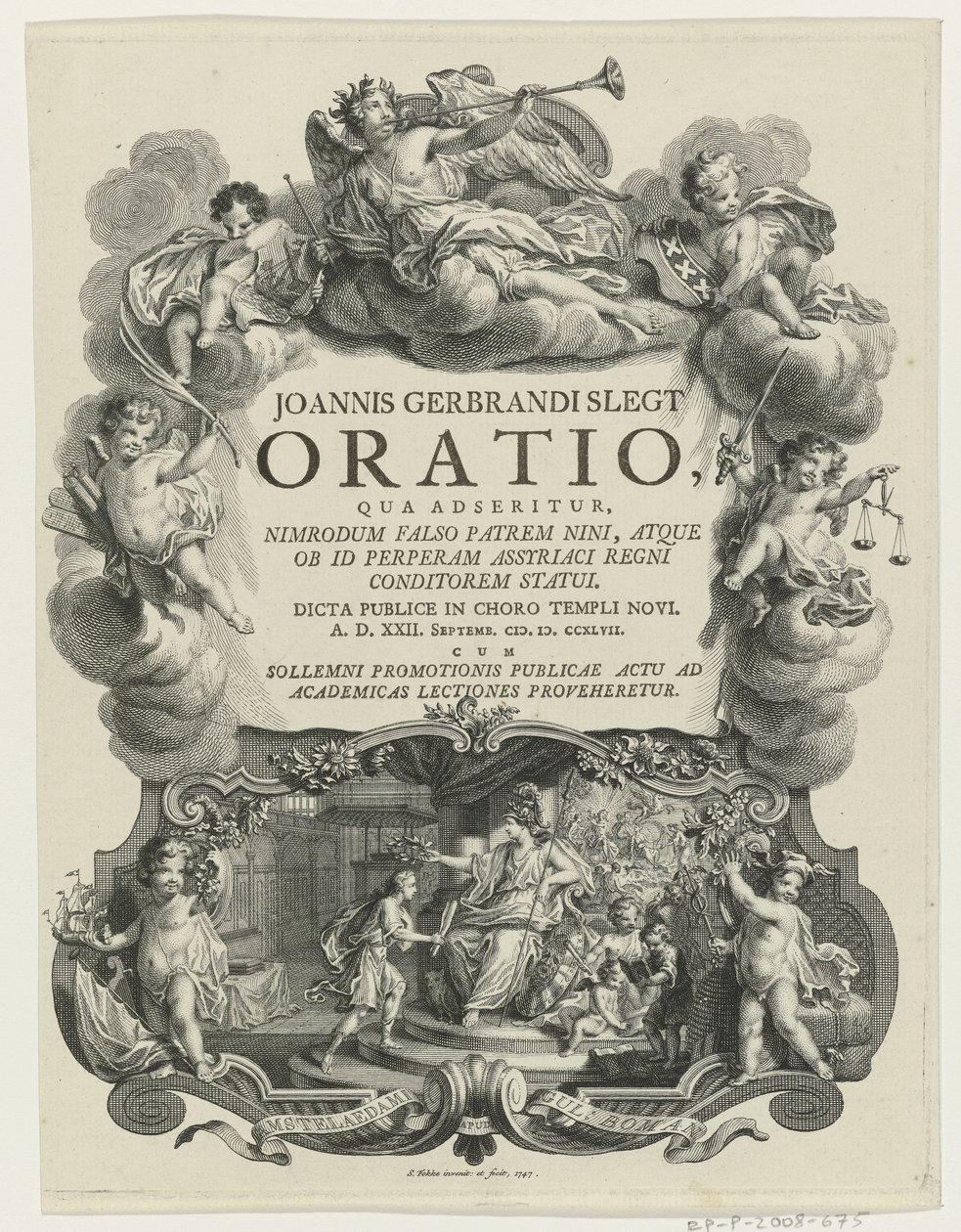 Minerva lauwert een jongeman spotkał bul Strona tytułowa dla: J.G. Slegt, Oracja, w której stwierdza się, że Nimrod jest fałszywie ojcem Niny (...), 1747 autorstwa Simon Fokke