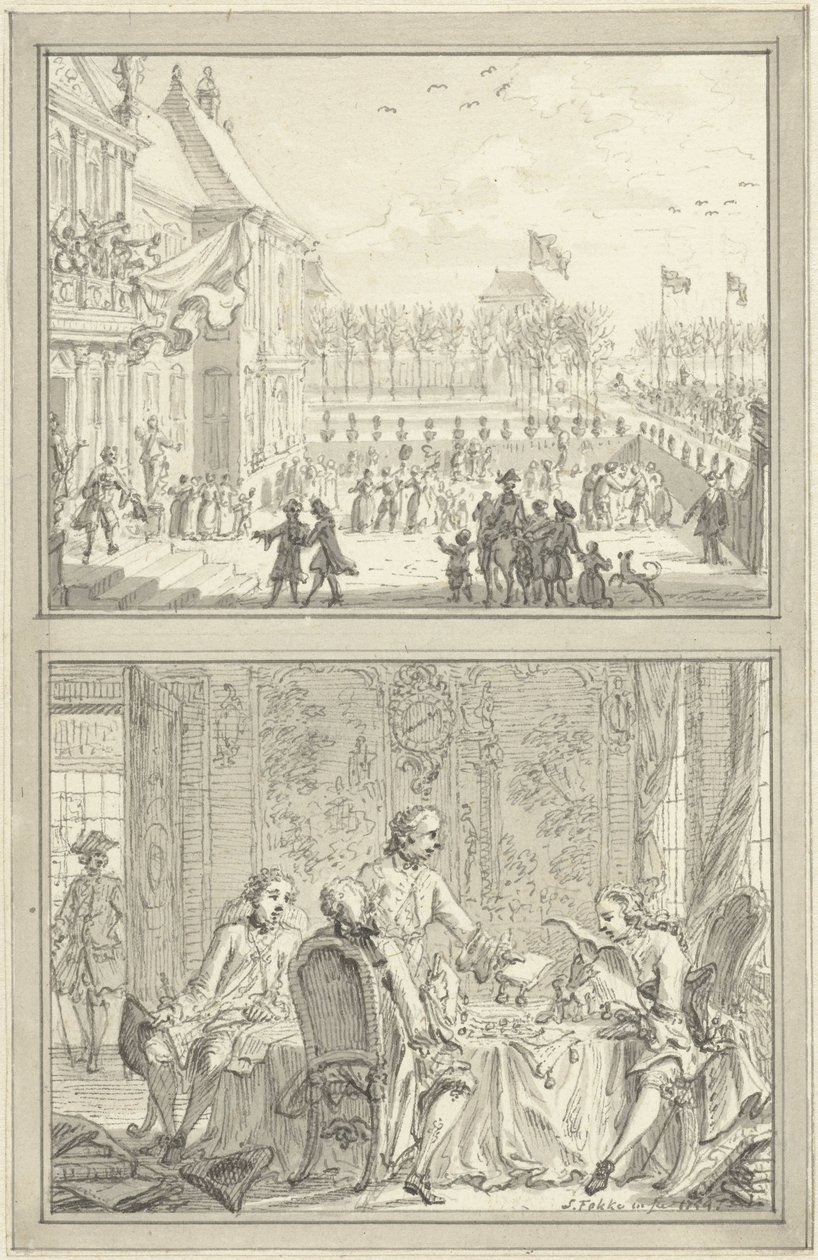 Pałac Honselaarsdijk zmienia właściciela / Sprzedaż pruskich zwierzchnictwa Annie van Hannover, 1754 autorstwa Simon Fokke