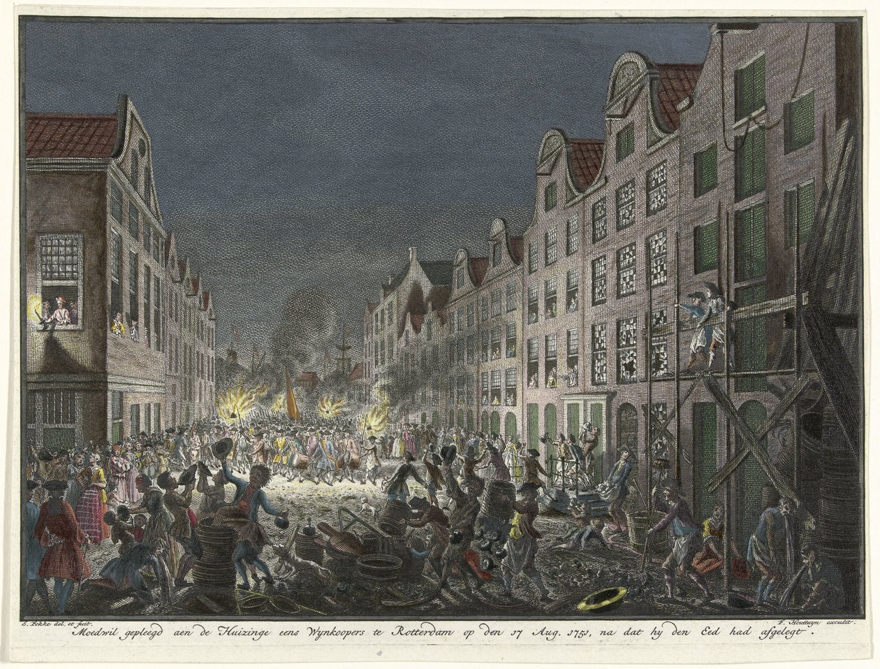 Splądrowanie domu kupca wina Gerrita Hagedoorena w Rotterdamie, 1751 Willful zobowiąże się do Huizinge Once Wynkoopers w Rotterdamie 17 sierpnia. 1751, po złożeniu przysięgi (tytuł na przedmiocie) autorstwa Simon Fokke