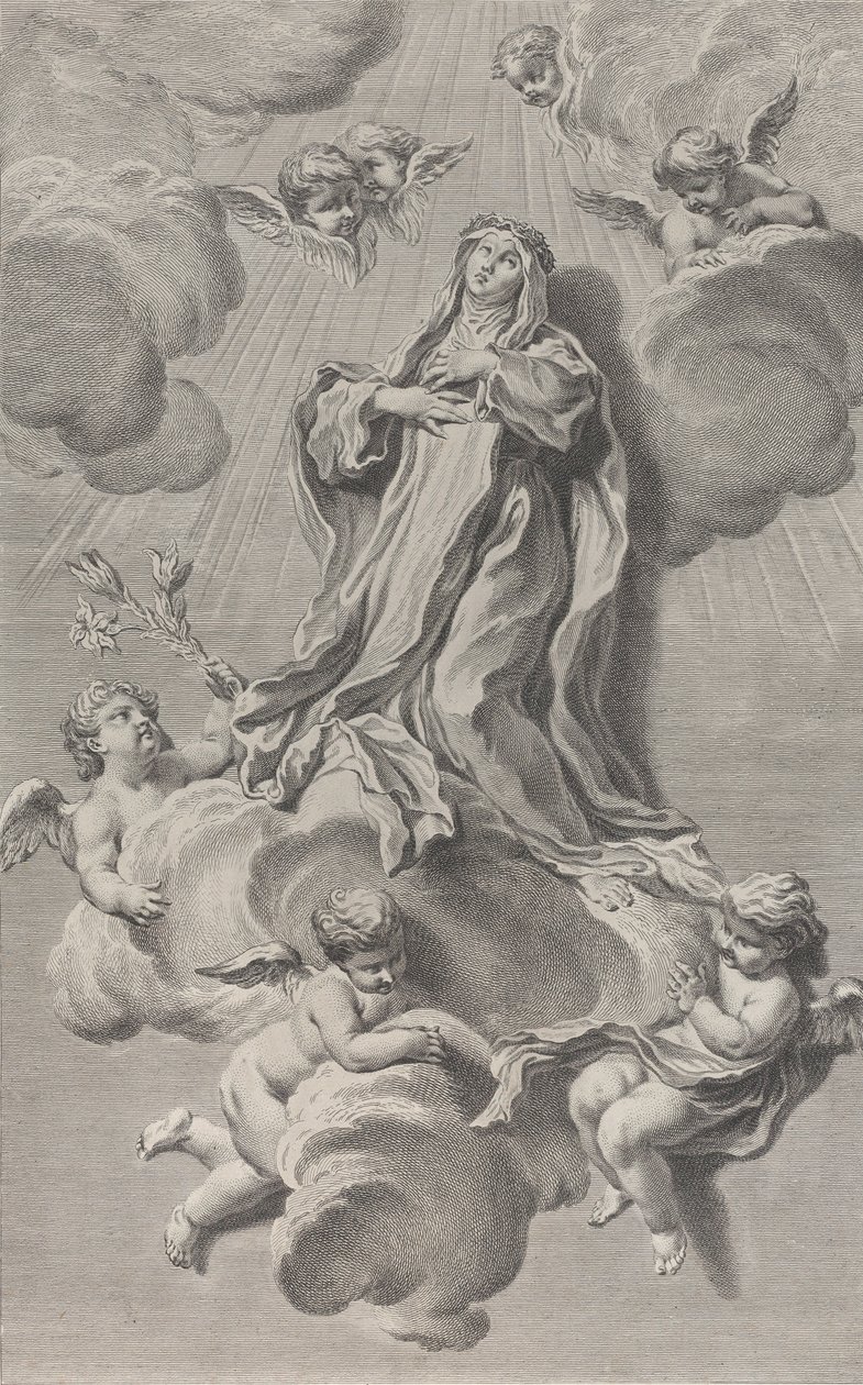Ekstaza św. Katarzyny ze Sieny, klęczącej na obłoku niesionym przez anioły, jedna z…, 1729-40. autorstwa Simon Francois Ravenet
