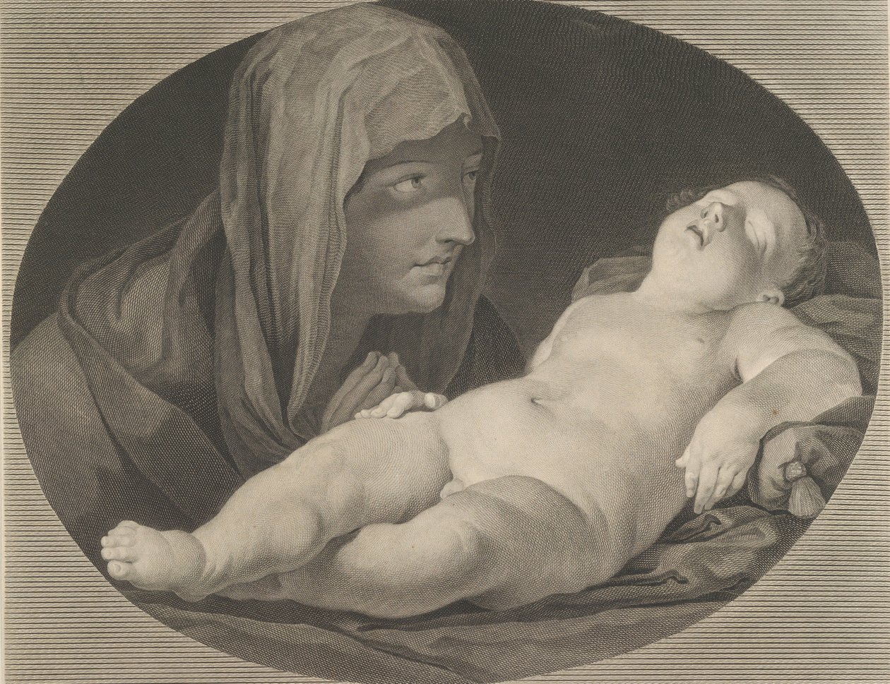 Modląca się Dziewica, patrząca na śpiącego Niemowlaka, w owalnej ramie, według Reni,..., 1765. autorstwa Simon Francois Ravenet