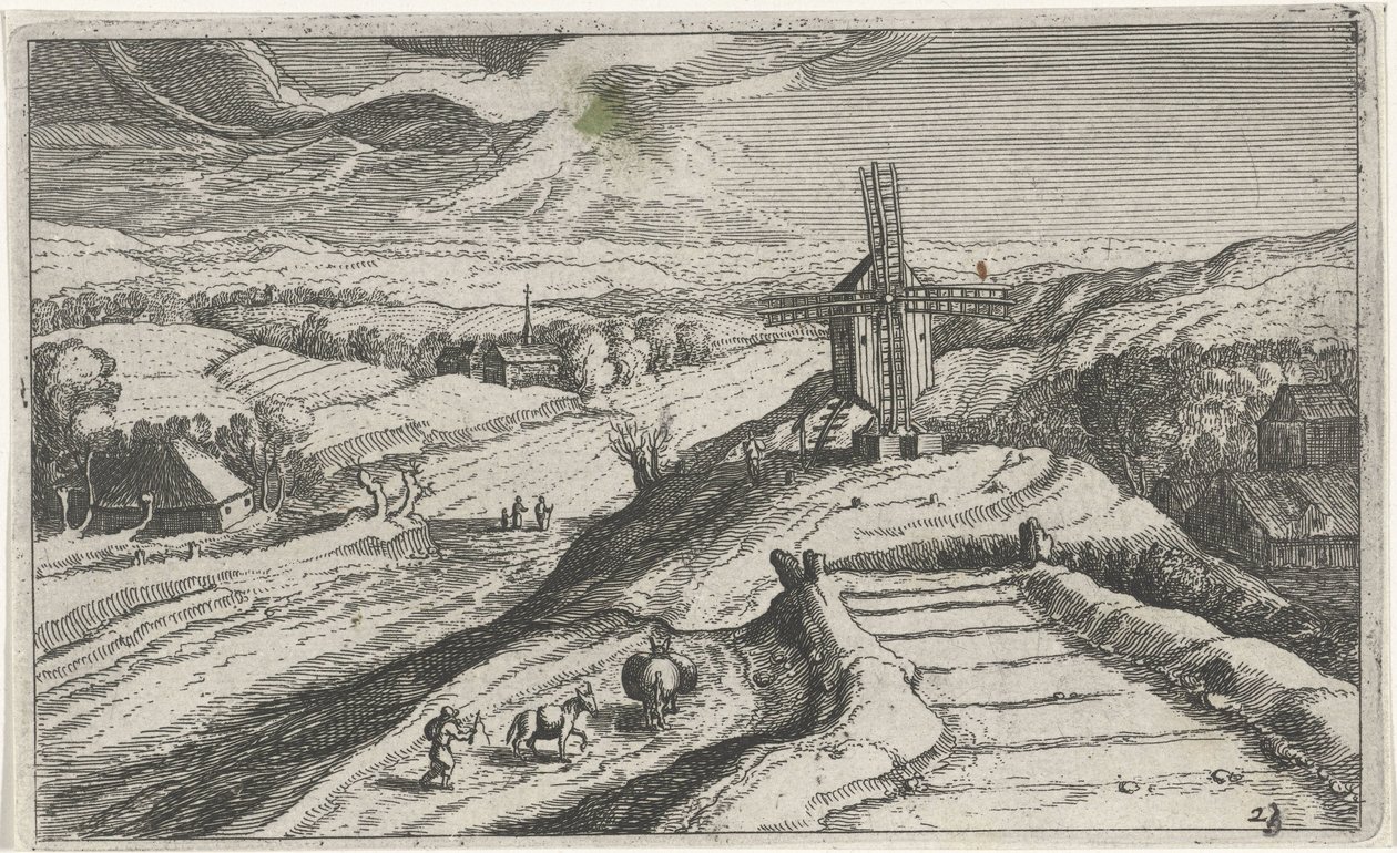 Pagórkowaty krajobraz z wiatrakiem Różne krajobrazy (tytuł serii) Topographia variarum regionum (tytuł serii) autorstwa Simon Frisius (attributed to)