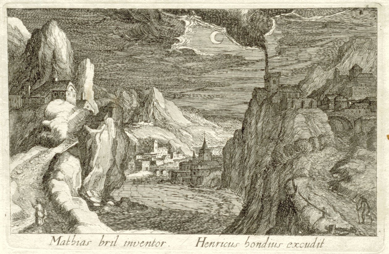 Krajobraz rzeki przy świetle księżyca Różne krajobrazy (tytuł serii) Topographia variarum regionum (tytuł serii) autorstwa Simon Frisius (attributed to)