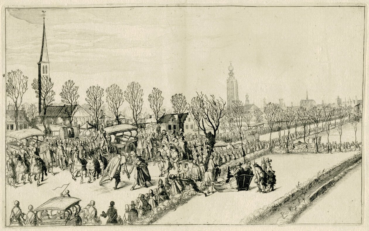 Przybycie pięciu ambasadorów Hiszpanii do Rijswijk, luty 1608 Sceny z wojny 1608 i 1609 (tytuł serii) autorstwa Simon Frisius