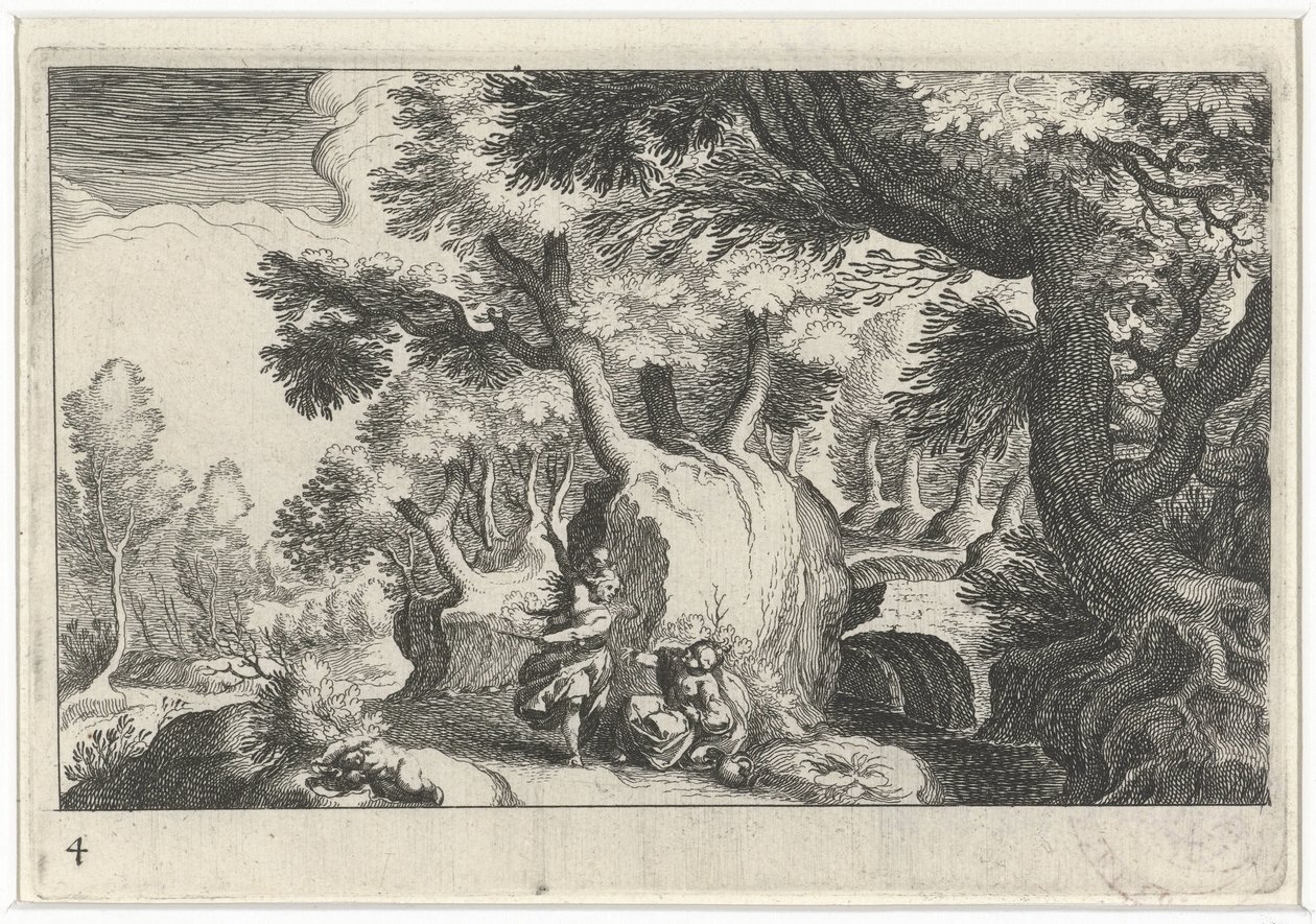 Boslandschap spotkał Hagar en Ismaël Krajobraz południowoeuropejski (tytuł serii) Topografia różnych regionów (tytuł serii) autorstwa Simon Frisius