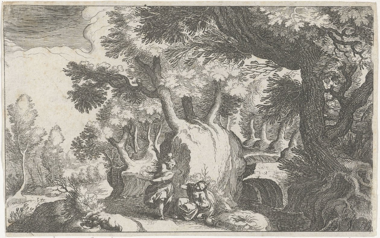 Boslandschap spotkał Hagar en Ismaël Krajobraz południowoeuropejski (tytuł serii) Topografia różnych regionów (tytuł serii) autorstwa Simon Frisius