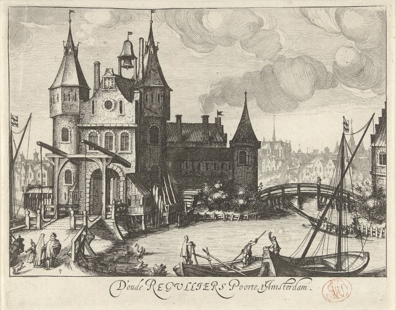 Widok na Pierwszą Bramę Regulierspoort w Amsterdamie autorstwa Simon Frisius