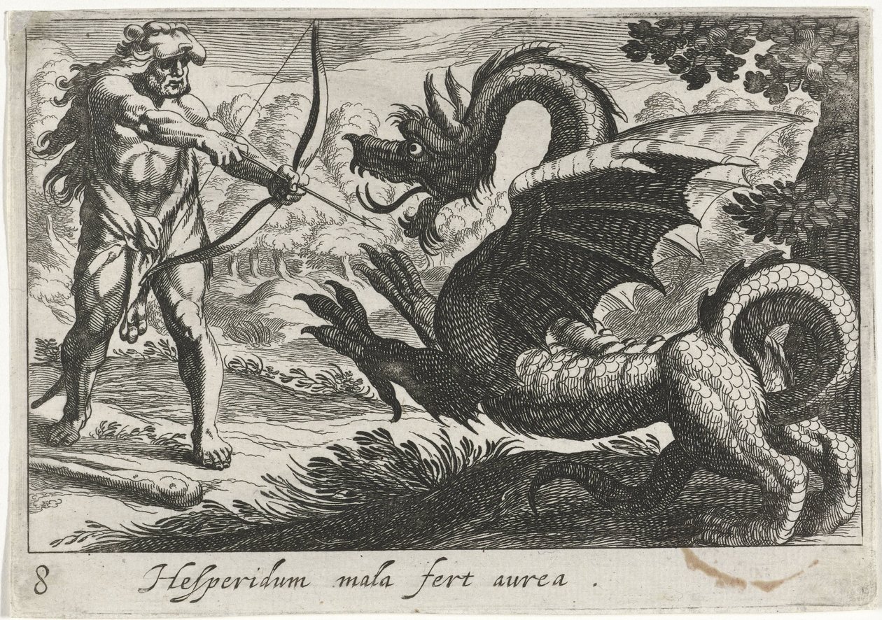 Herkules zabija smoka Ladon Hesperidum mala fert aurea (tytuł na obiekcie) Herkulesowe motywy (tytuł serii) autorstwa Simon Frisius