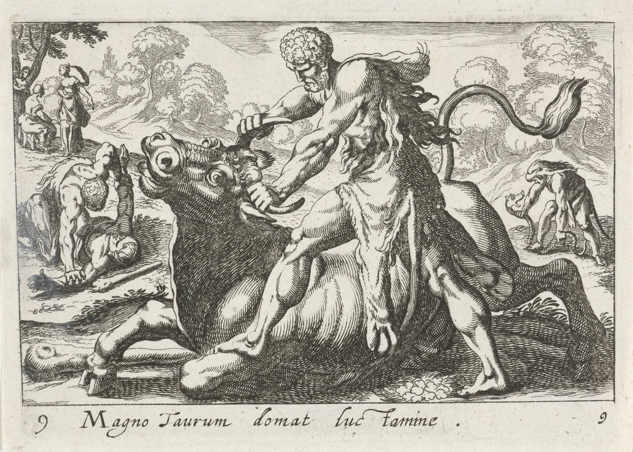 Herkules w walce z Acheloosem Wielki byk jest oswojony przez światło (tytuł na przedmiocie) Herculische tematu (tytuł serii) autorstwa Simon Frisius