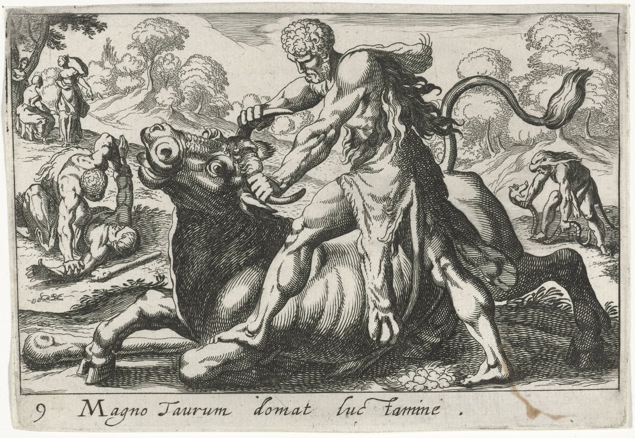 Herkules w walce z Acheloosem Wielkiego byka oswaja w zapasach (tytuł na obiekcie) Herculische tematu (tytuł serii) autorstwa Simon Frisius