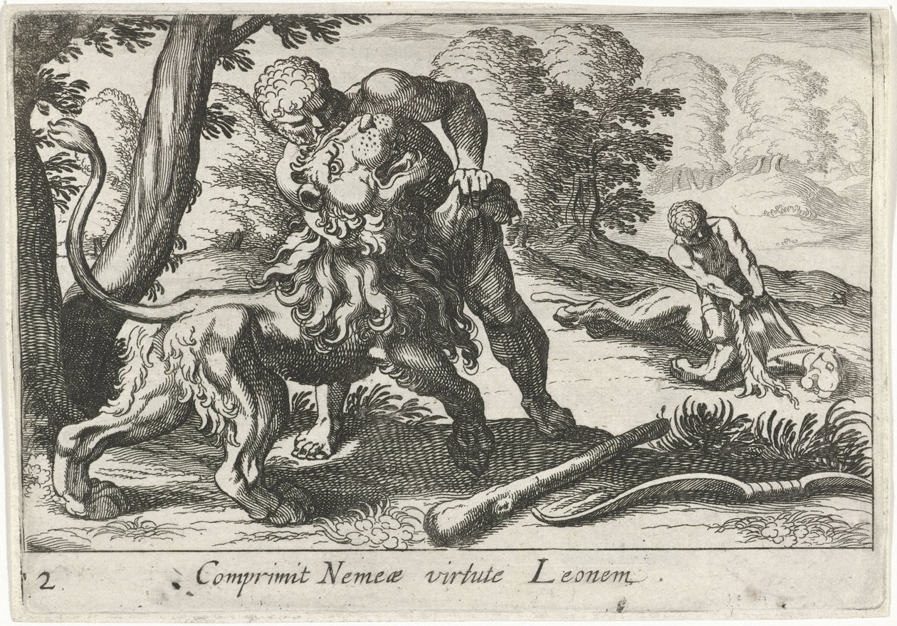 Herkules walczący z lwem nemejski Comprimit Nemeae virtute Leonem (tytuł na obiekcie) Herkulesowe motywy (tytuł serii) autorstwa Simon Frisius