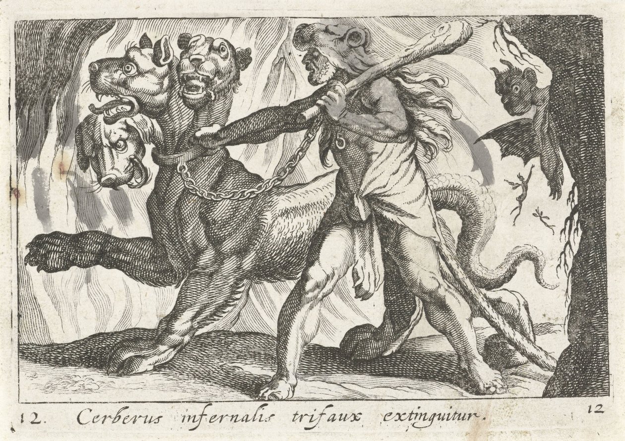 Herkules mści Cerbera Cerberus infernal trifaux wygasa (tytuł na obiekcie) Herculische tematu (tytuł serii) autorstwa Simon Frisius