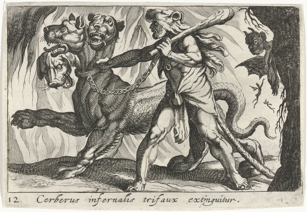 Herkules łapie Cerberusa autorstwa Simon Frisius