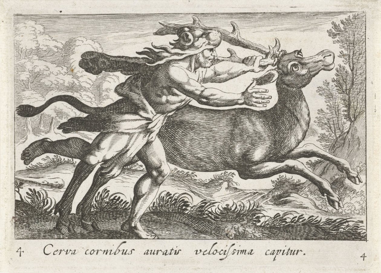 Hercules vangt de Hind van Cerynea Jeleń ze złotymi rogami zostaje złapany bardzo szybko (tytuł na obiekcie) Herculische tematu (tytuł serii) autorstwa Simon Frisius