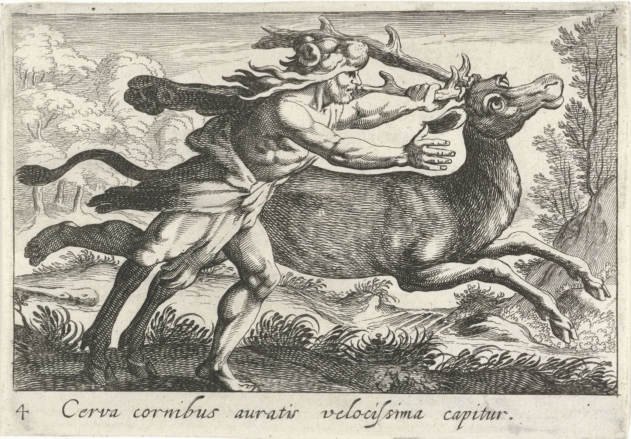 Hercules vangt de Hind van Cerynea Jeleń ze złotymi rogami zostaje złapany bardzo szybko (tytuł na obiekcie) Herculische tematu (tytuł serii) autorstwa Simon Frisius