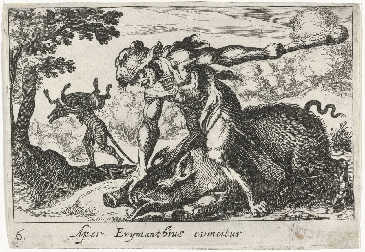 Herkules łapie świnie Erymantusa Aper Erymanthius evincitur (tytuł na obiekcie) Herkulesowe motywy (tytuł serii) autorstwa Simon Frisius