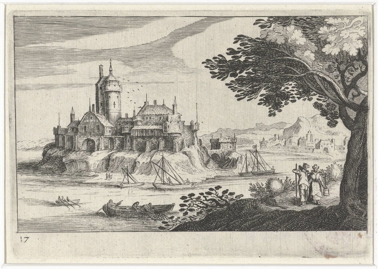 Pagórkowaty krajobraz z zamkiem na wyspie Krajobrazy Europy Południowej (tytuł serii) Topographia variarum regionum (tytuł serii) autorstwa Simon Frisius