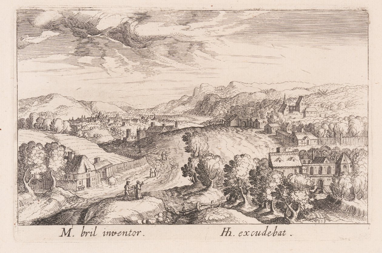 Pagórkowaty krajobraz z trzema parami, z Topographia Variarum Regionum autorstwa Simon Frisius