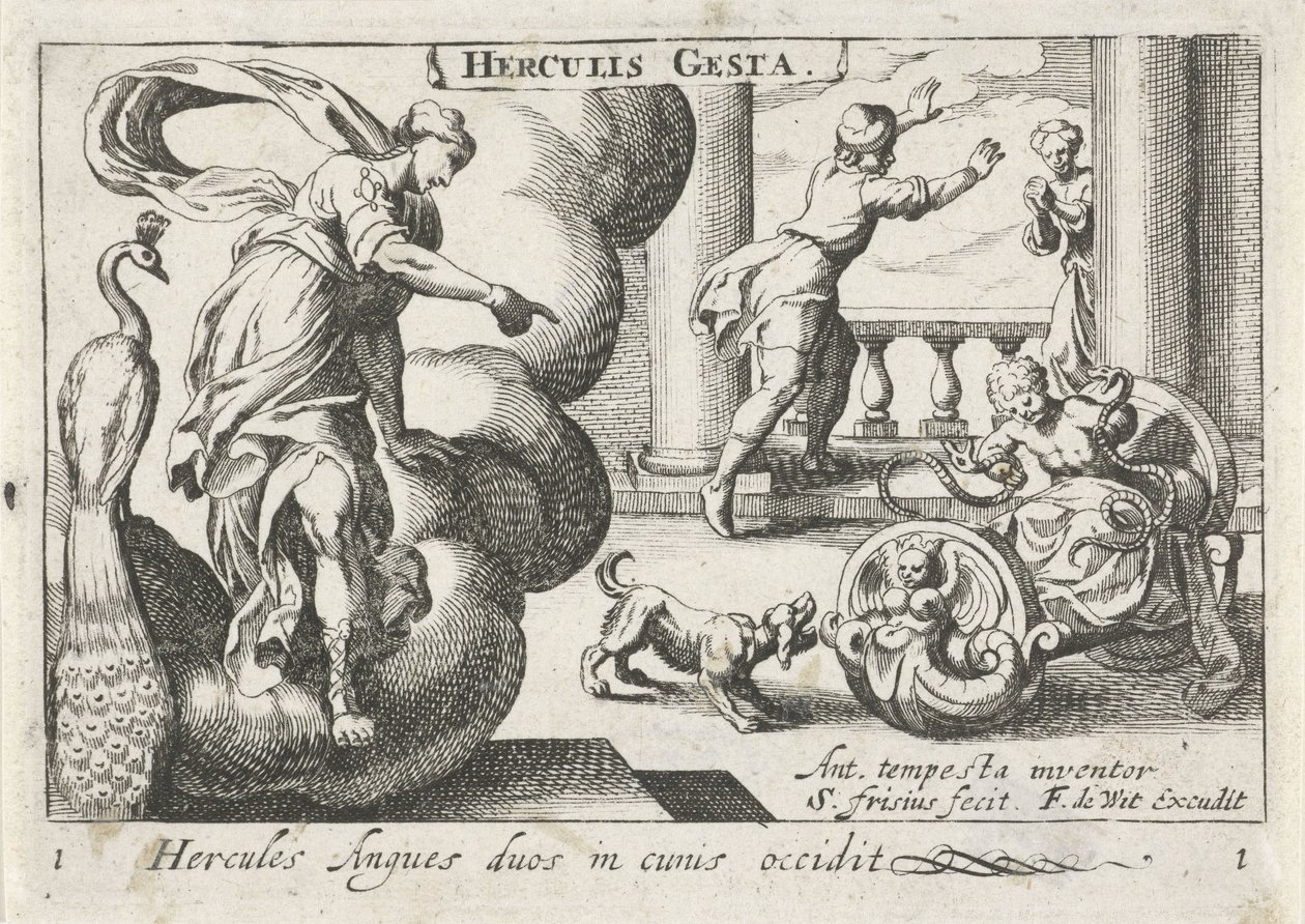 Jonge Hercules wurgt twee slangen Herkules zabija dwa węże w ich kołyskach (tytuł na obiekcie) Herculische tematu (tytuł serii) Herkules (tytuł serii na obiekcie) autorstwa Simon Frisius