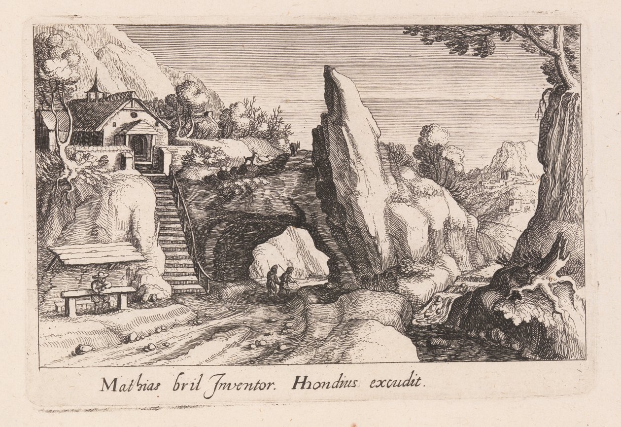 Para postaci spacerujących pod skalnym mostem, z Topographia Variarum Regionum autorstwa Simon Frisius