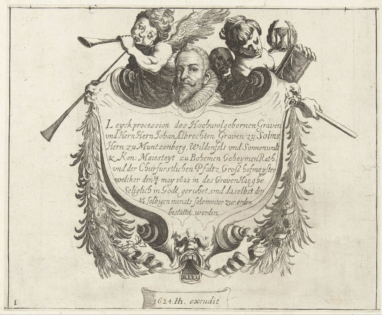 Ilustracja tytułowa przedstawiająca kondukt pogrzebowy Johanna Albrechta, hrabiego Solms, 1623 r. autorstwa Simon Frisius