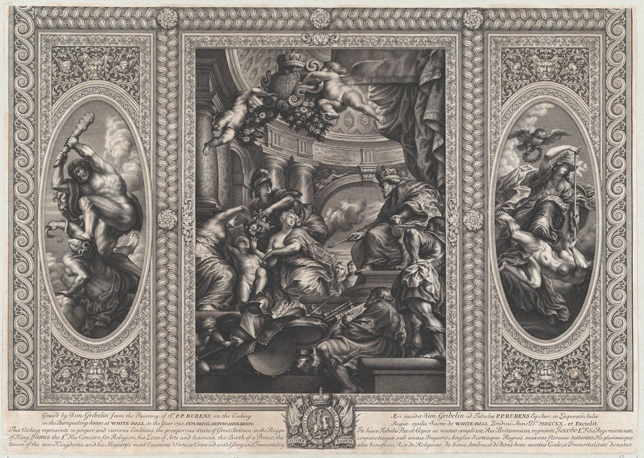 Alegoryczna scena ukazująca korzyści panowania Jakuba w centrum, Wise Government Tramp..., 1720. autorstwa Simon Gribelin
