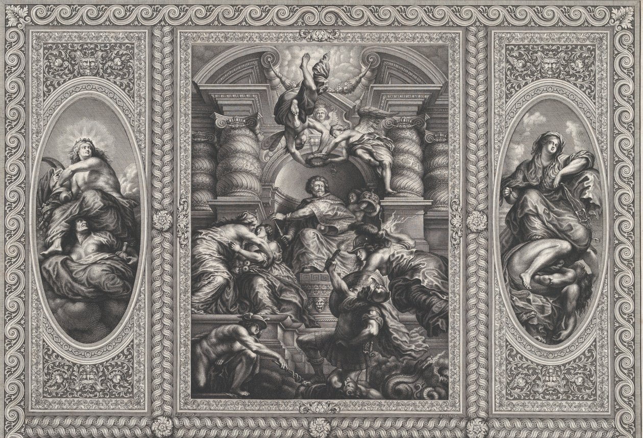 Jakub I mianuje Karola królem Szkocji w centrum, Minerwa przebija ignorancję w ri..., 1720. autorstwa Simon Gribelin