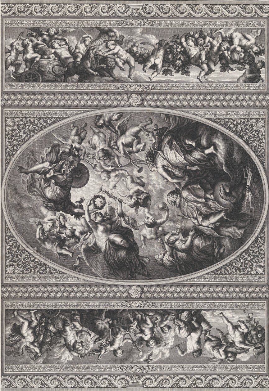 Apoteoza Jakuba I w owalu pośrodku, fryzy z puttami i girlandami na obu ..., 1720. autorstwa Simon Gribelin