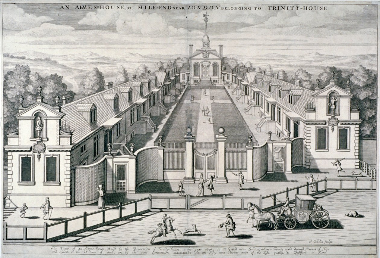 Trinity Almshouses, Mile End Road, Stepney, Londyn, 1696. autorstwa Simon Gribelin