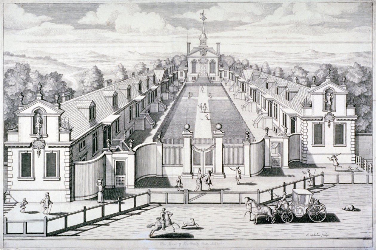 Trinity Almshouses, Mile End Road, Stepney, Londyn, 1696. autorstwa Simon Gribelin