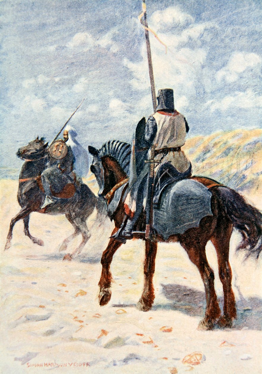 Saracen zbliża się do rycerza krzyżowca, ilustracja do „Talizman: opowieść o krzyżowcach” Sir Waltera Scotta autorstwa Simon Harmon Vedder