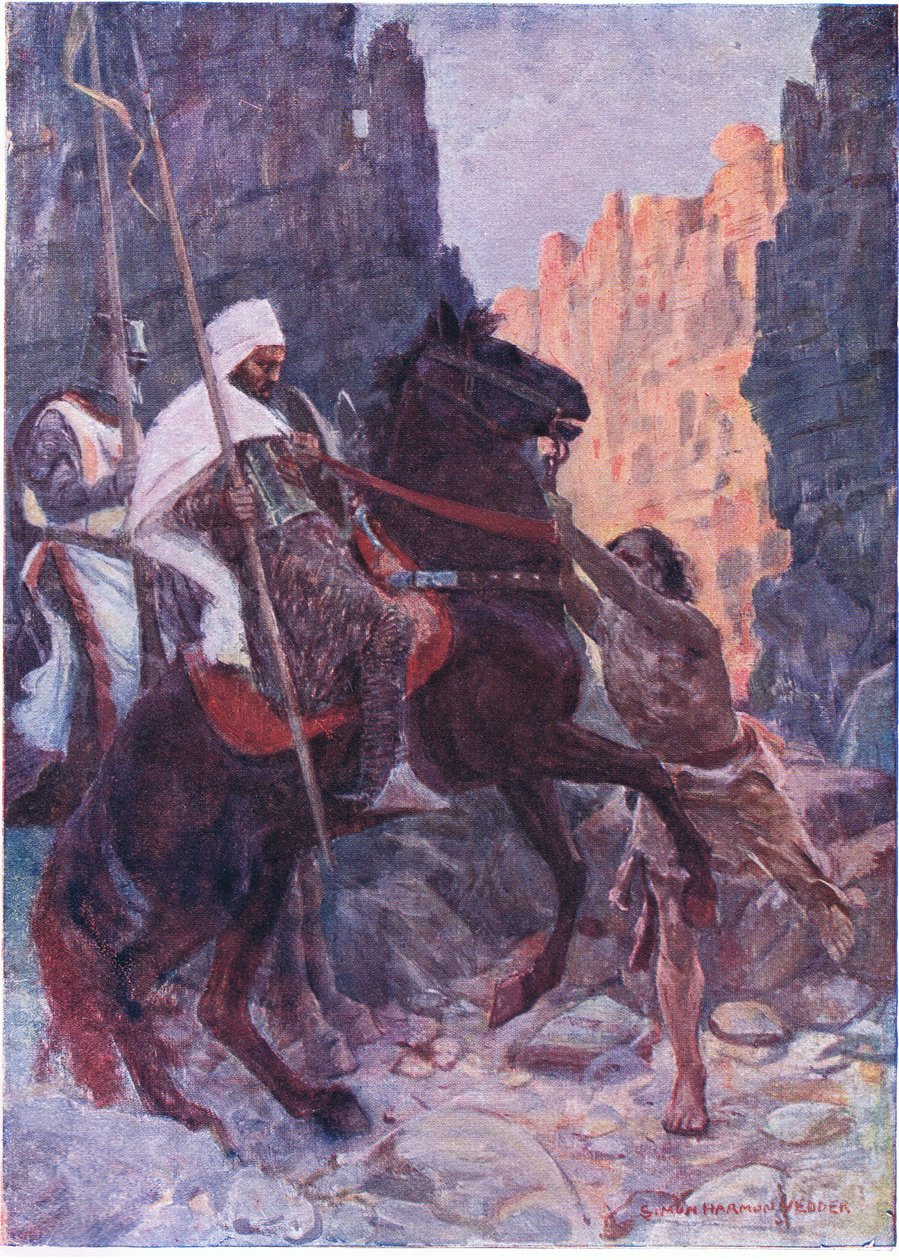 Wysoki mężczyzna odziany w kozie skóry skoczył na środek ścieżki i chwycił wodze uzdy Saracena w obie ręce autorstwa Simon Harmon Vedder