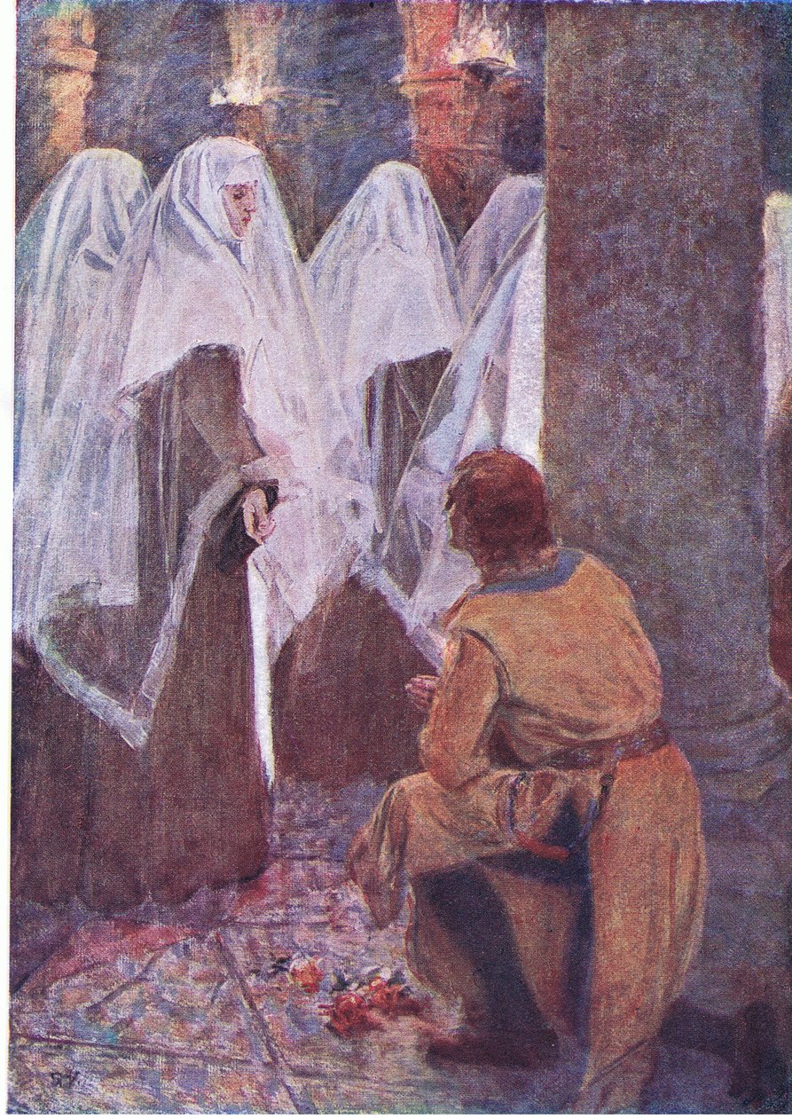 I znowu pączek róży leżał u stóp rycerza lamparta (kolor lito) autorstwa Simon Harmon Vedder