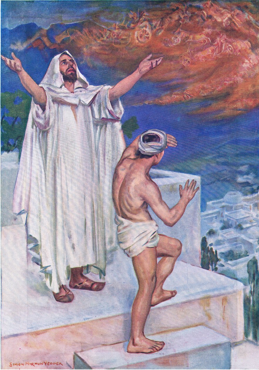 Niebiańscy obrońcy Elishy, z The Bible Picture Book, wydanej przez Thomas Nelson, ok. 1950 r. autorstwa Simon Harmon Vedder