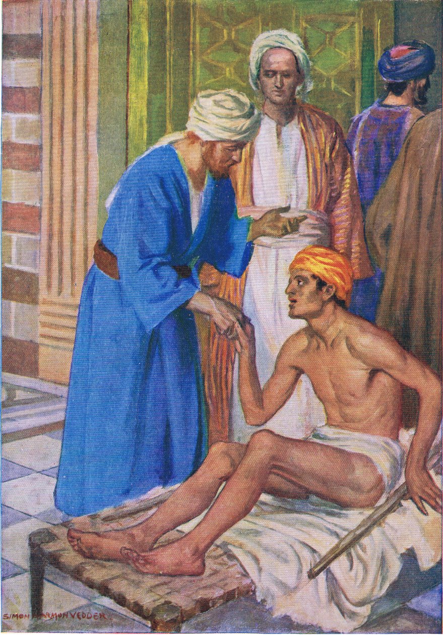 Piotr i Jan przy pięknej bramie, z The Bible Picture Book wydanej przez Thomasa Nelsona, ok. 1950 autorstwa Simon Harmon Vedder