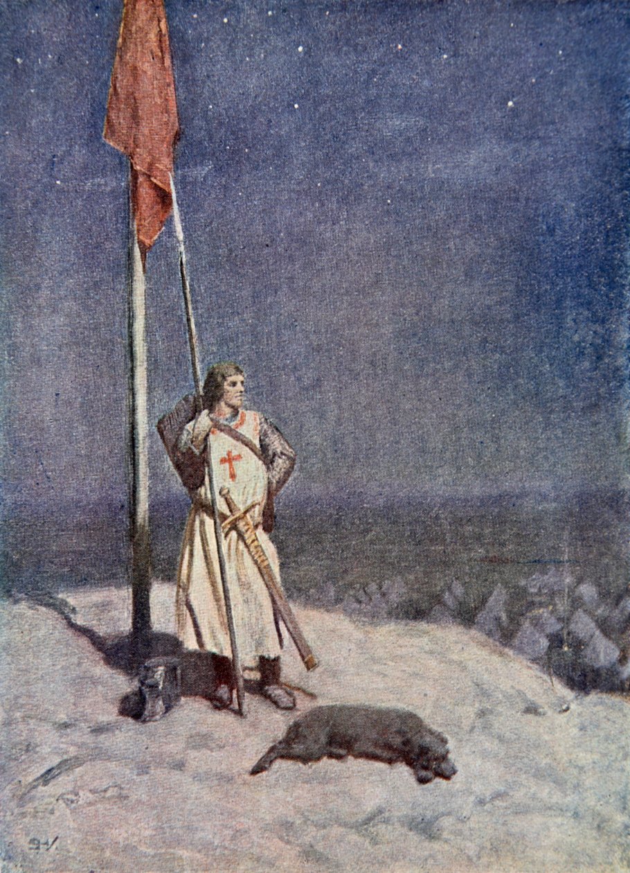 Rycerz stoi na warcie na Górze św. Jerzego ze sztandarem Anglii, ilustracja z 