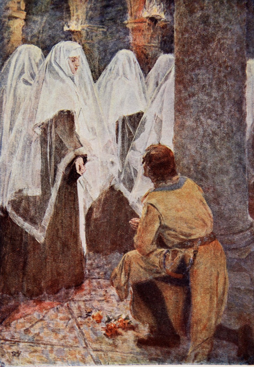 Rycerz szkocki na jednym kolanie obserwował przechodzące zakonnice z welonami, ilustracja do „Talizman: opowieść o krzyżowcach” Sir Waltera Scotta autorstwa Simon Harmon Vedder