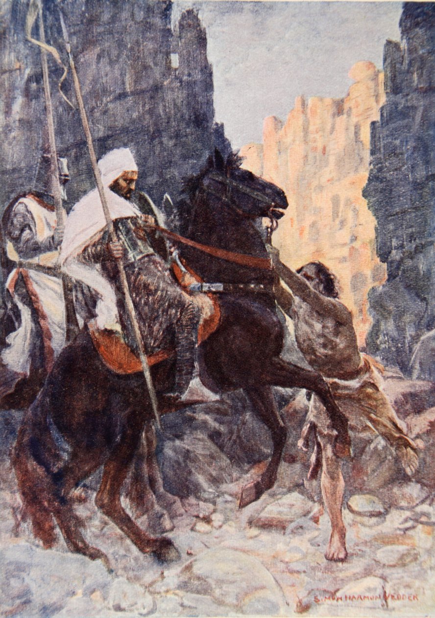 Szkocki rycerz Sir Kenneth z Saracenami, zaskoczony przez Hamako podczas jazdy w Dolinie Cienia Śmierci, ilustracja do „Talizman: Opowieść o krzyżowcach” Sir Waltera Scotta (kolor litho) autorstwa Simon Harmon Vedder