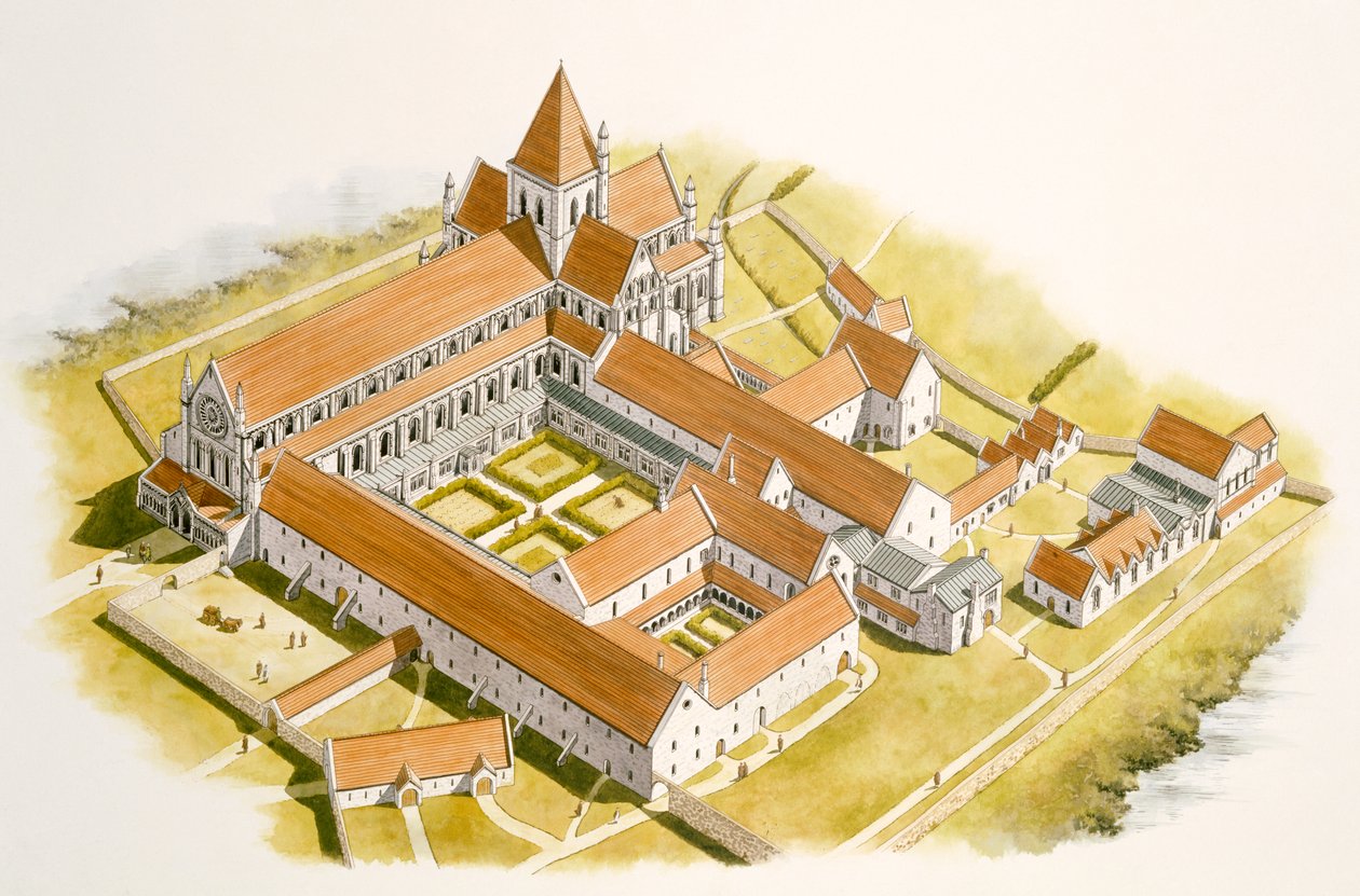Widok opactwa Byland z lotu ptaka (akwarela na papierze) autorstwa Simon Hayfield