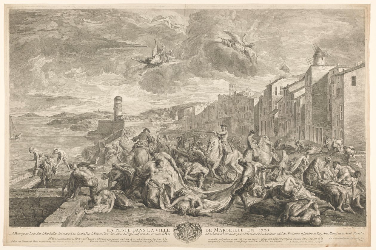 Ofiary dżumy dymieniczej są zabijane w La Tourette w Marsylii La Peste dans la ville de Marseille en 1720 (tytuł na obiekcie) autorstwa Simon Henri Thomassin
