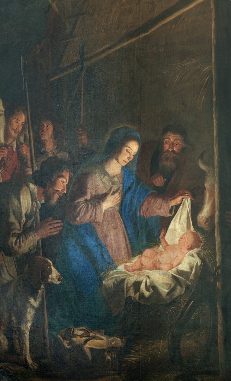 Kościół parafialny (kościół Matki Bożej Wniebowstąpienia). Wnętrze. obraz. Scena Bożego Narodzenia. Szymona DePaepego. Pochodzenie opactwa Ename (?). autorstwa Simon II de Pape