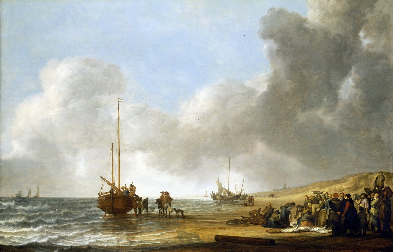 Scena na plaży Scheveningen (Haga, Holandia), morze po lewej i wydmy po prawej, w centrum łódź rybacka na stępce i grupa rybaków. autorstwa Simon Jacobsz. Vlieger