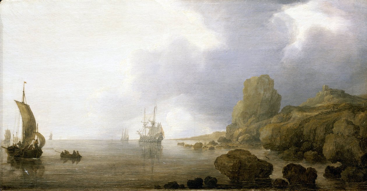Łodzie na płytkich wodach skalistej zatoki, romantyczna i wyidealizowana wizja. Olej na drewnie, Simon de Vlieger (1600-1653). autorstwa Simon Jacobsz. Vlieger