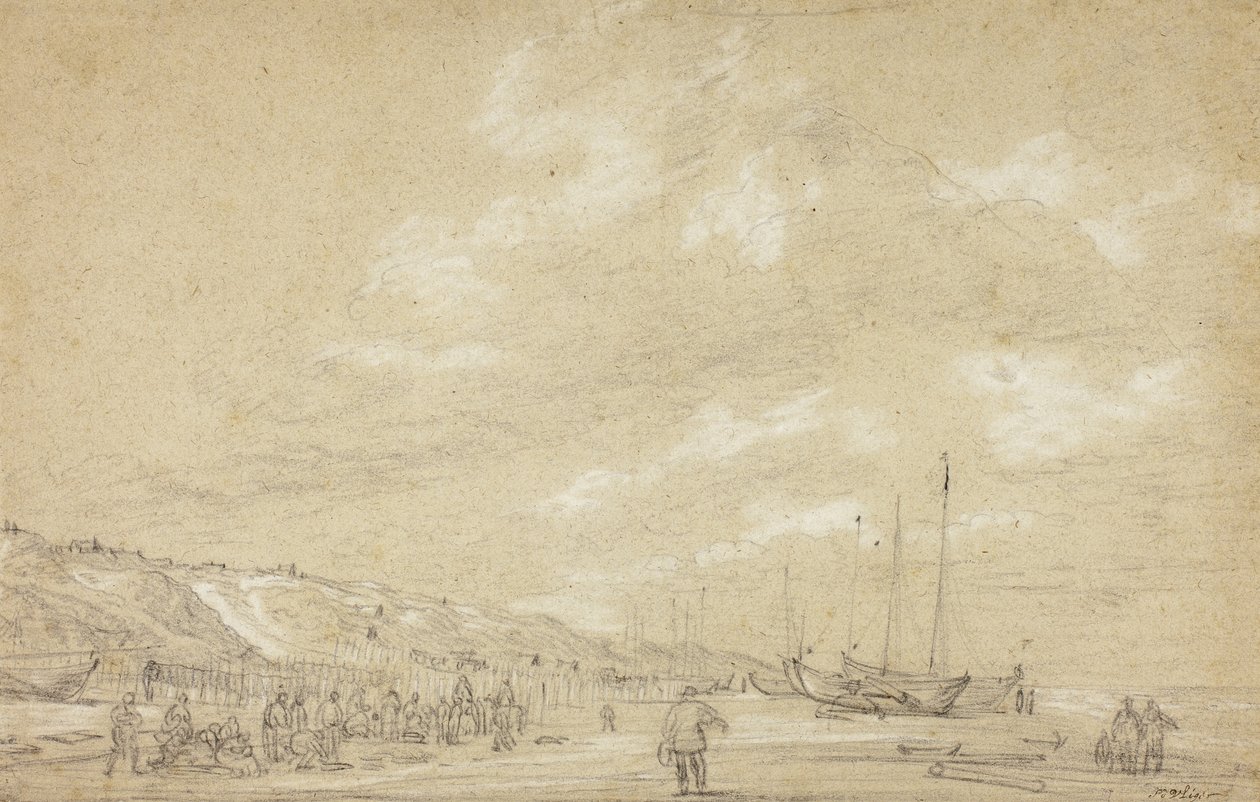 Rybacy suszą sieci na plaży Scheveningen autorstwa Simon Jacobsz. Vlieger