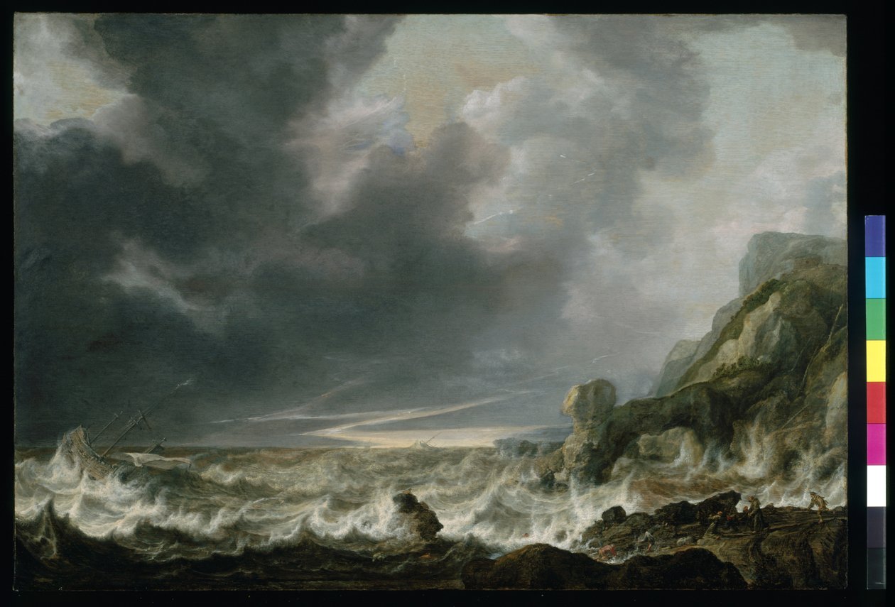 Navio em perigo na costa rochosa, c.1645 (óleo sobre madeira) polimento autorstwa Simon Jacobsz. Vlieger