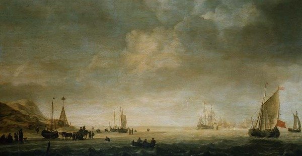 Brzeg w Scheveningen z rybakami na plaży autorstwa Simon Jacobsz. Vlieger