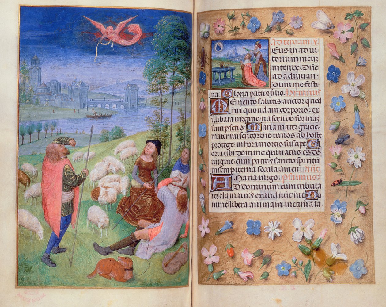 Dodaj 38126 fol.79v-80 Zwiastowanie pasterzom z godzin Huth autorstwa Simon Marmion