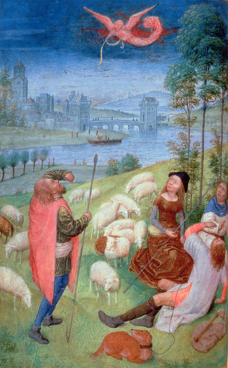Dodaj 38126 fol.79v-80 Zwiastowanie pasterzom, z Godzin Hutha, 485-90 (vellum)iennes (szczegóły z 20281) autorstwa Simon Marmion
